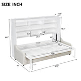 Polibi Full Murphy Cabinet Bed with Folding Sofa & Storage Shelves,LED Light,Solid Wood + MDF,No Box Spring Needed,Space Saving,87.7" L x 60" W,White+Beige Polibi