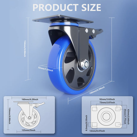 5 Inch Caster Wheels with Safety Dual Locking, Heavy Duty Casters Set of 4, Industrial Swivel Casters 2400Lbs, Polyurethane No Noise Wheels for Cart, Furniture(Bonus of 2 Hardware Kits) WOZESEIK