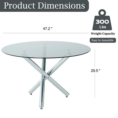 Round Glass Dining Room Table for 4 to 6 Person Modern Grey Tempered Glass Top, Sturdy Chrome Legs, Adjustable Foot Pads, Kitchen Table for Living Room, Dining Room, 47.24 Inch, Round Silver  - WoodArtSupply