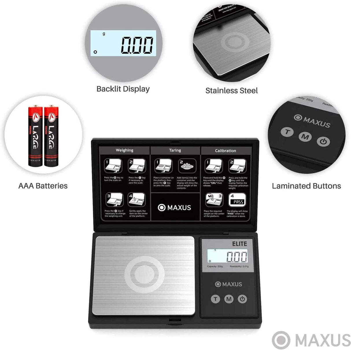 MAXUS Digital Pocket Gram Scale 500g x 0.01g High Precision with Tray, Weighs Small Food, Jewelry, Ounces, Grains, LCD Display, Tare Function MAXUS
