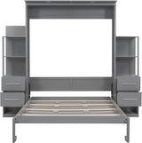 Queen Murphy Bed with Storage Drawers,LED Lights and Shelves,Wood Murphy Wall Bed Cabinet for Adults (Grey) MERITLINE