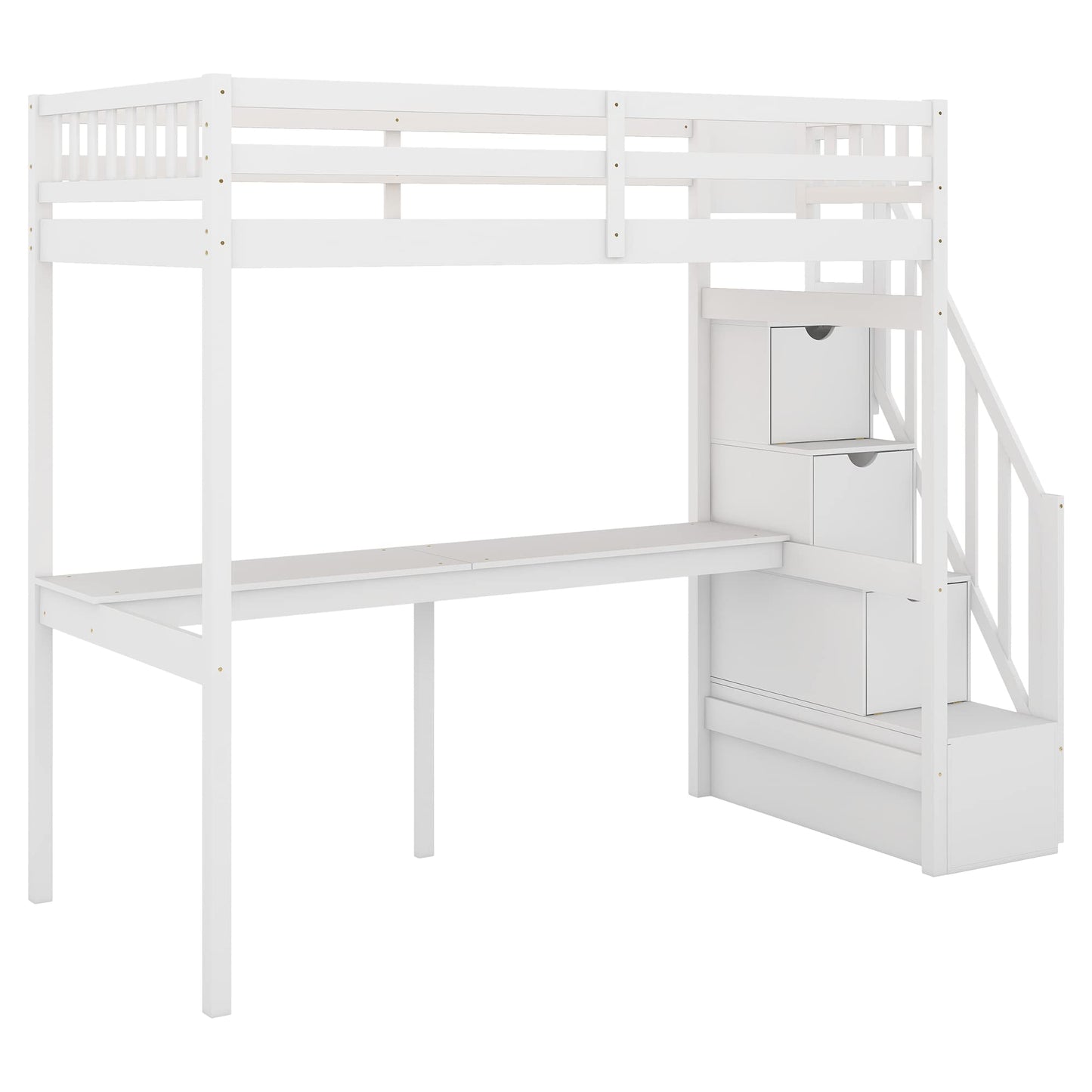 SOFTSEA Twin Loft Bed with Integrated Desk and Storage Stairs in White