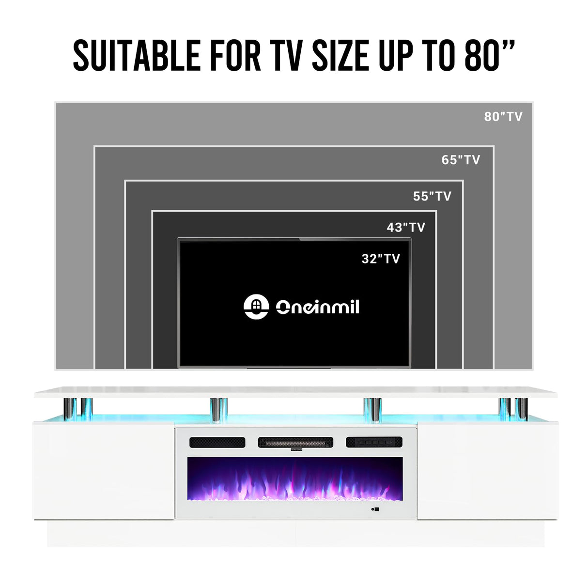 oneinmil Fireplace TV Stand with 36” Electric Fireplace, 70” 2 Tier TV Console Stand for TVs Up to 80", LED Light Entertainment Center, Fireplace for The Living Room TV Stand, White oneinmil