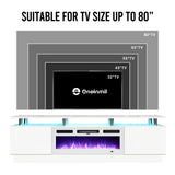oneinmil Fireplace TV Stand with 36” Electric Fireplace, 70” 2 Tier TV Console Stand for TVs Up to 80", LED Light Entertainment Center, Fireplace for The Living Room TV Stand, White oneinmil