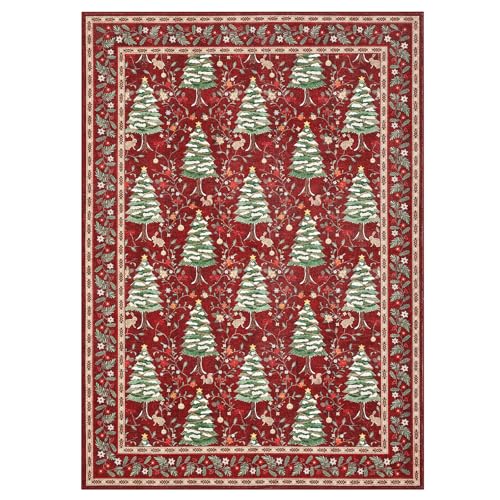 GarveeHome Red Christmas Rug 5x7 Washable Soft Stain Resistant for Living Room Bedroom Nursery Office Christmas Tree Animals Print Holiday Decor Low-Pile Carpet GarveeHome