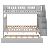 Full Over Full Bunk Beds with Trundle and Stairs Stairway Bunk Bed Frame with Storage Shelves for Kids Teens Adult, Detachable Wood Full Bunk Bed for Boys Girls Adults, Gray Bellemave
