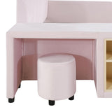 Velvet Upholstered Grounded Bed Platform Bed, Wooden Queen Size Mother & Child Bed Frame with Bedside Desk and Little Round Stool, Kids Adults Bedroom Furniture Floor Bed Platform Bed (Pink Bed) CJLMN