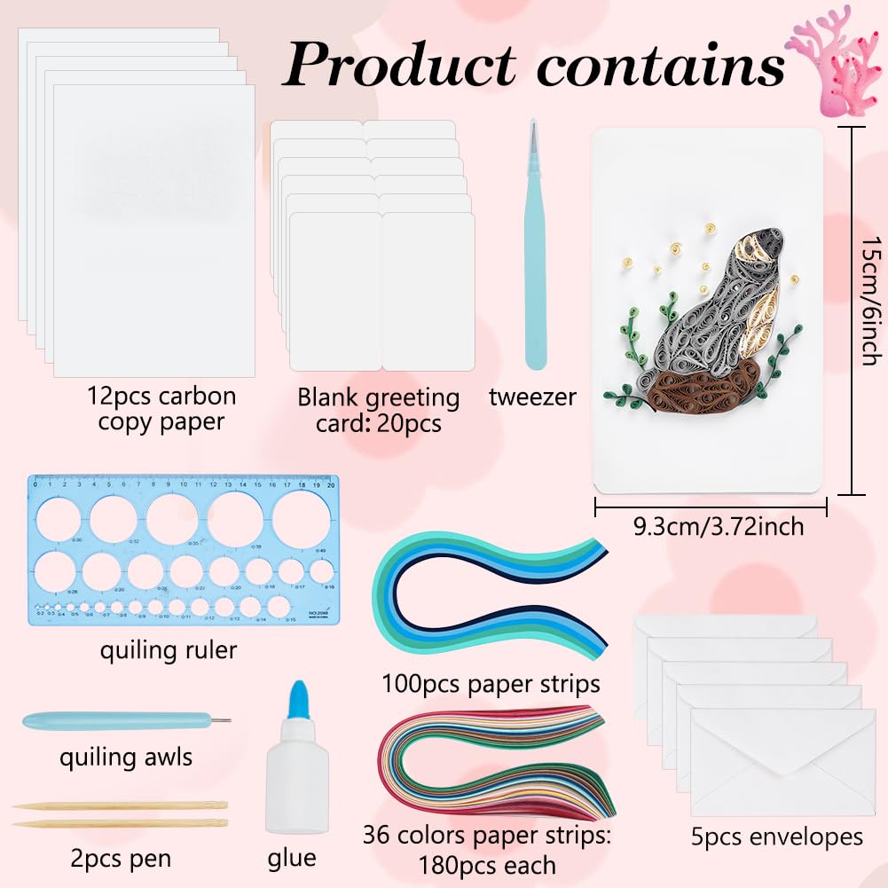 WEBEEDY 20 Sets DIY Sea Animals Theme Greeting Card Making Kit with Instruction for Adult Beginner 5 Styles Dolphins,Fish,Sea Turtles Paper Quilling Kit Summer Theme Party Decoration Gifts WEBEEDY