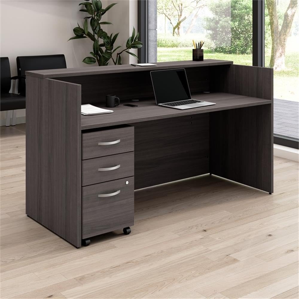 Bush Business Furniture Arrive 72W x 30D Reception Desk with Shelf and Mobile File Cabinet in Storm Gray Bush Furniture