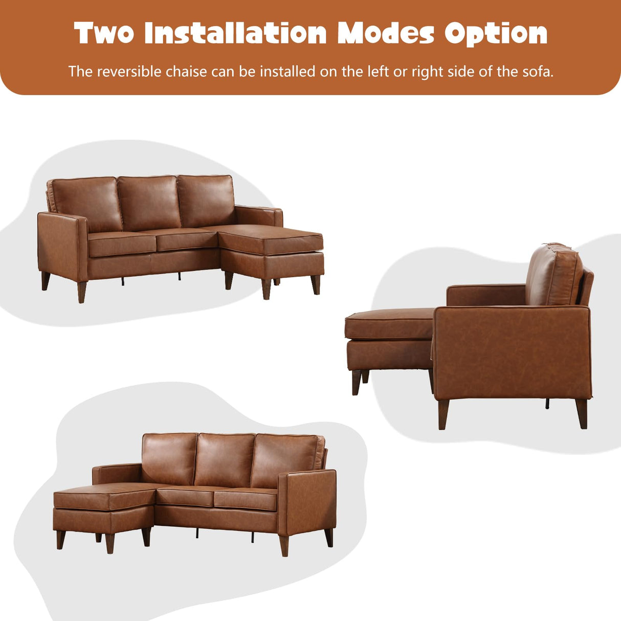 EBELLO Sectional Sofa Couch, L Shaped Couch Faux Leather Sofa with Reversible Chaise, Lounge Sofa for Living Room Apartment Small Space, Dark Brown EBELLO