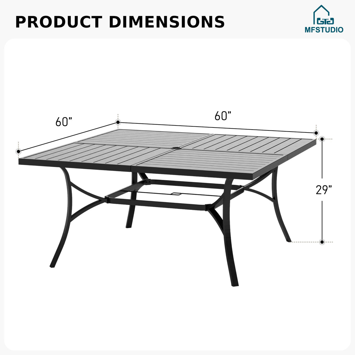 MFSTUDIO 60" Square Metal Outdoor Dining Table, Large Patio Furniture 8 Person Table with Adjustable Umbrella Hole for Deck,Backyard,Lawn,Garden(Black) MFSTUDIO