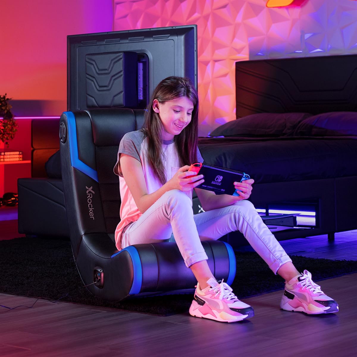 X Rocker Eclipse Video Gaming Floor Chair with Built-In Headrest Speakers, Wireless Bluetooth, Foldable, Vegan Leather, 275 lbs Max, Amazon Exclusive, Black and Blue X Rocker
