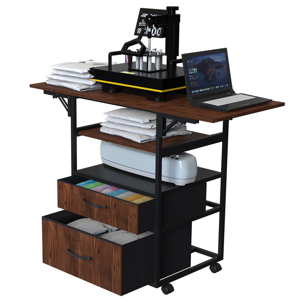 Movable Heat Press Table with Pull-Out Tray, 4 Tier Foldable Heat Press Stand with Drawers - Heat Press Stand with Wheels for Easy Mobility, Heavy Duty Rolling Metal Workbench (Brown) VCGGAIP
