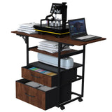 Movable Heat Press Table with Pull-Out Tray, 4 Tier Foldable Heat Press Stand with Drawers - Heat Press Stand with Wheels for Easy Mobility, Heavy Duty Rolling Metal Workbench (Brown) VCGGAIP
