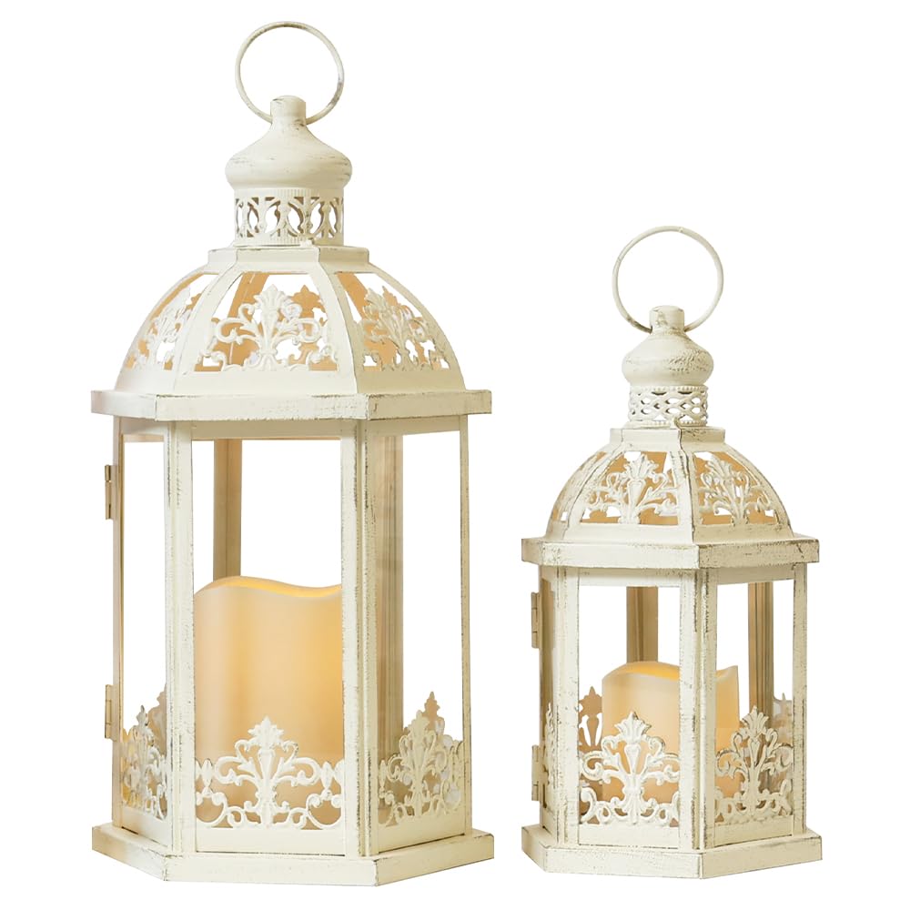 Lanterns Decorative Outdoor&Indoor, Set of 2 (15"&11") Beige Metal Lantern Decor with Glass, Candle Holder for Porch, Patio, Garden, Fall, Wedding, Christmas, Table Centerpiece NEEDOMO
