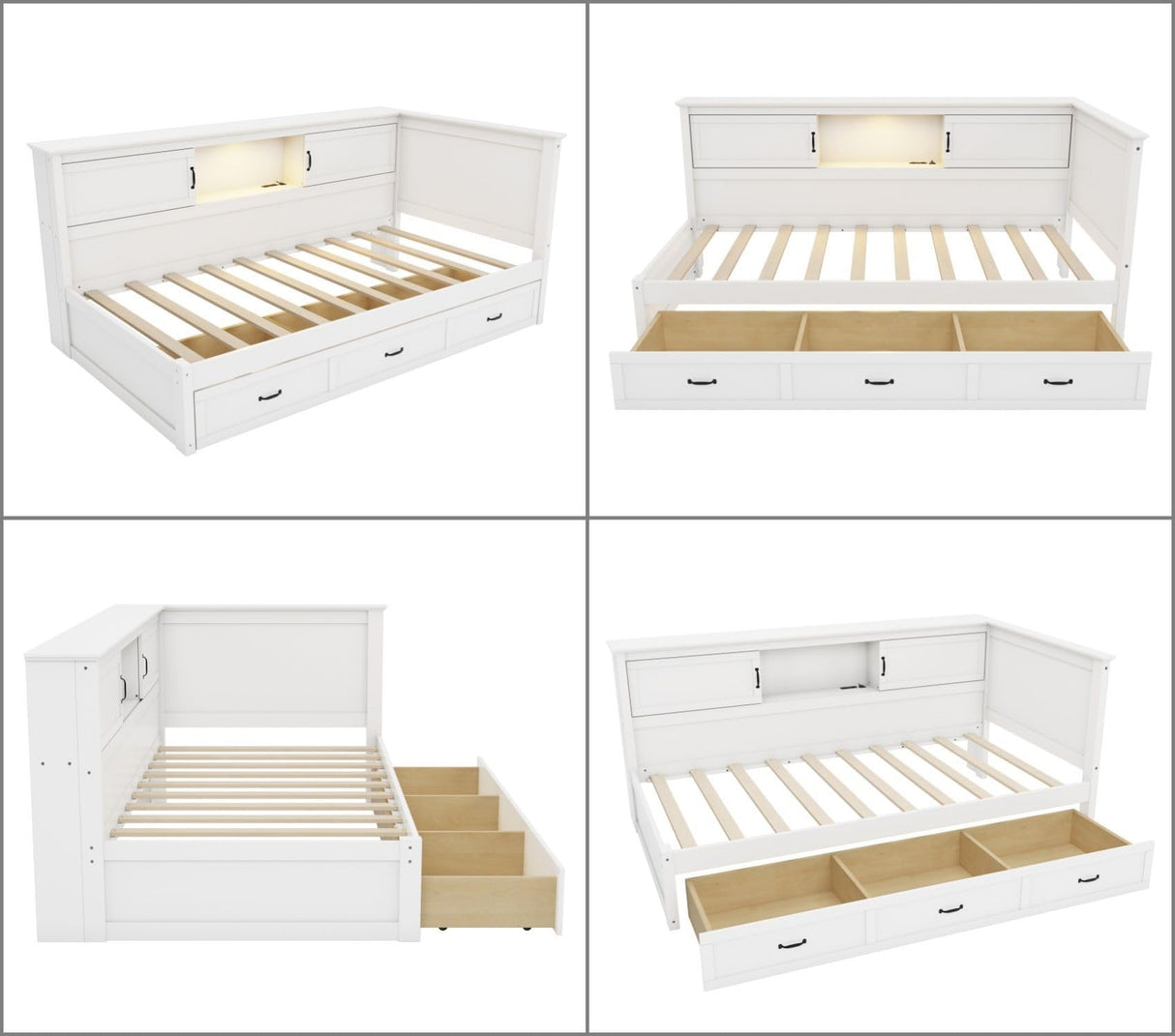 Merax Twin Size Corner Bed Frames with Storage Drawers, USB Port & Led Downlight Headboard, Wooden L-Shaped Captain Daybed for Small Room, Bedroom, Guest Room, Kids' Room, No Box Spring Needed, White Merax