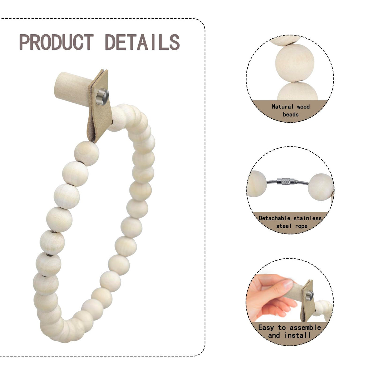 Towel Rack Handmade Wooden Bead Towel Ring Wall Mounted Farmhouse Hand Towel Holder for Bathroom Decor ROXLLGJC