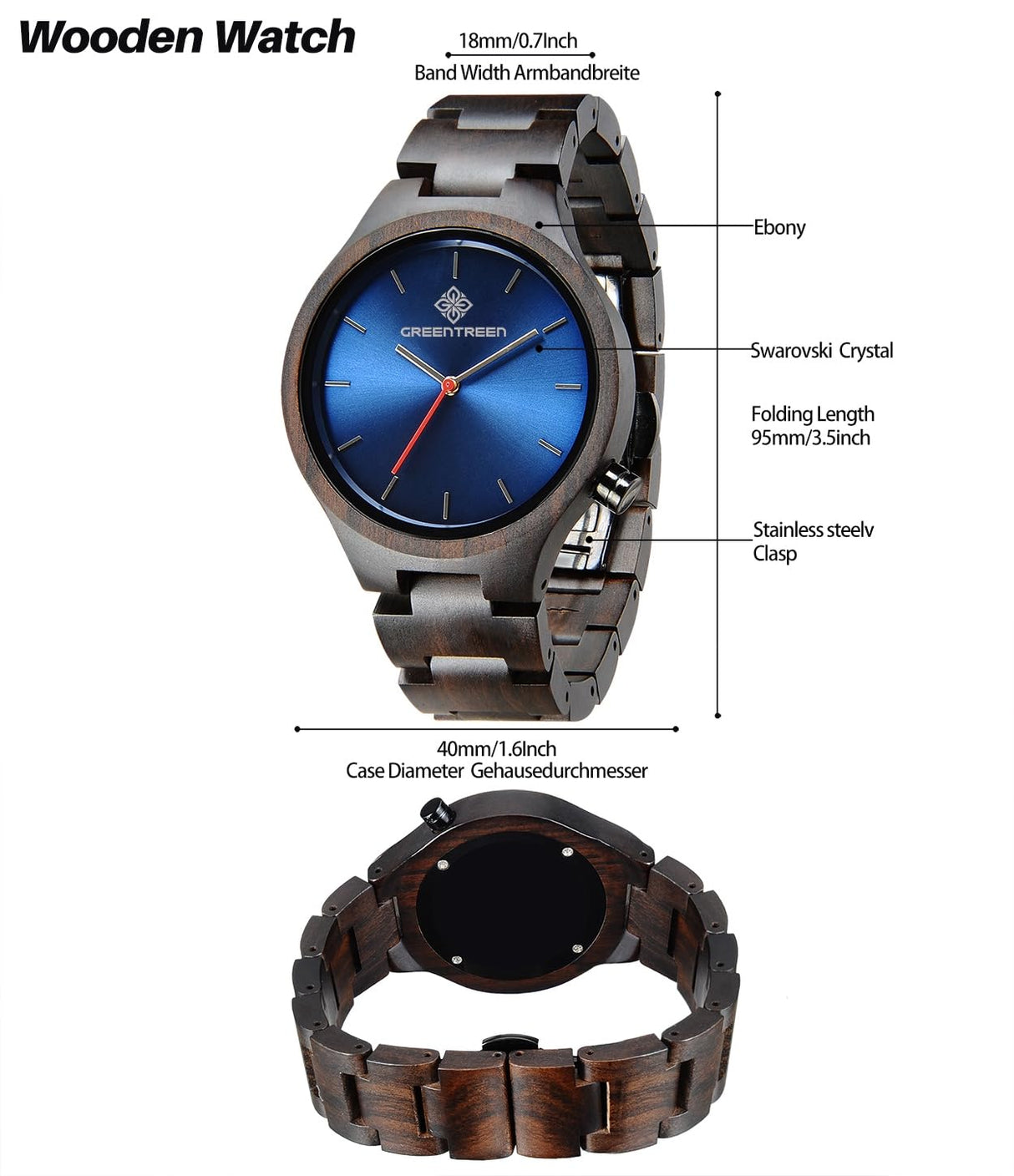 GREENTREEN Wooden Watches for Men Women: Analog Quartz Wrist Watch - Lightweight Natural Wood Watch for Gift Birthday Wedding Graduation GREENTREEN