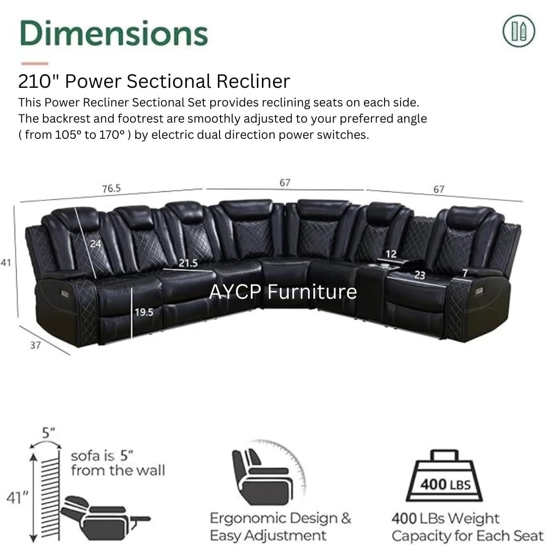 Power Recliner Sofa Sectional Sofa with LED Light for Living Room, Air Leather Reclining Corner Sectional Sofa Set, Cup Holder, Storage Console for Home Theater Seating (Black, Sectional+Chair) AYCP Furniture