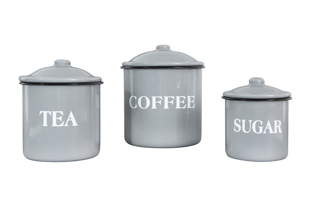 Creative Co-Op Metal Containers with Lids, "Coffee", "Tea", "Sugar" (Set of 3 Sizes/Designs),Grey Creative Co-Op
