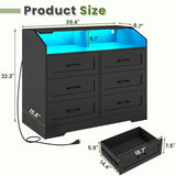 Hasuit Black Dresser with LED Lights and Charging Station, Chest of 6 Drawers with Open Space, Modern Wood Storage Tower Clothes Organizer, Storage Cabinet with Deep Drawers, Black Dresser for Bedroom Hasuit
