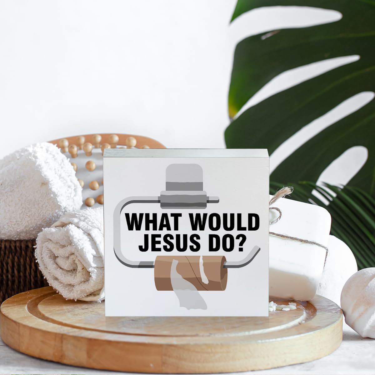 Farmhouse What Would Jesus Do Wooden Box Sign Bathroom Wood Block Tabletop Sign Decorative Desk Sign Home Shelf Decor 5 X 5 Inches - WoodArtSupply