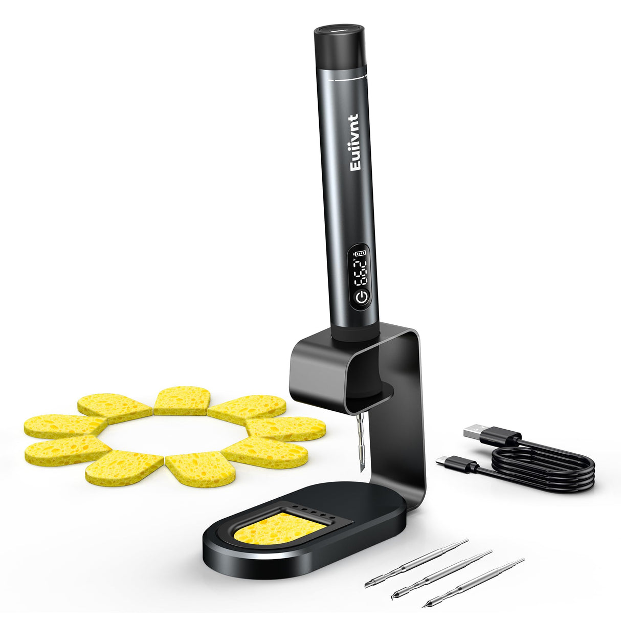 Cordless Soldering Iron Kit - 12s Rapid Heat USB-C Portable Rechargeable Soldering Iron with LED Screen, Gravity Sensor, 3 C210 Tips & Metal Stand for Electronics Repair, DIY Euiivnt