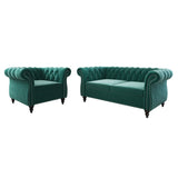 2 Piece Living Room Set, Velvet Chesterfield Sofa Loveseat Couch Chair with Scroll Arms and Nailhead for Living Room, Office (Green) ORRD