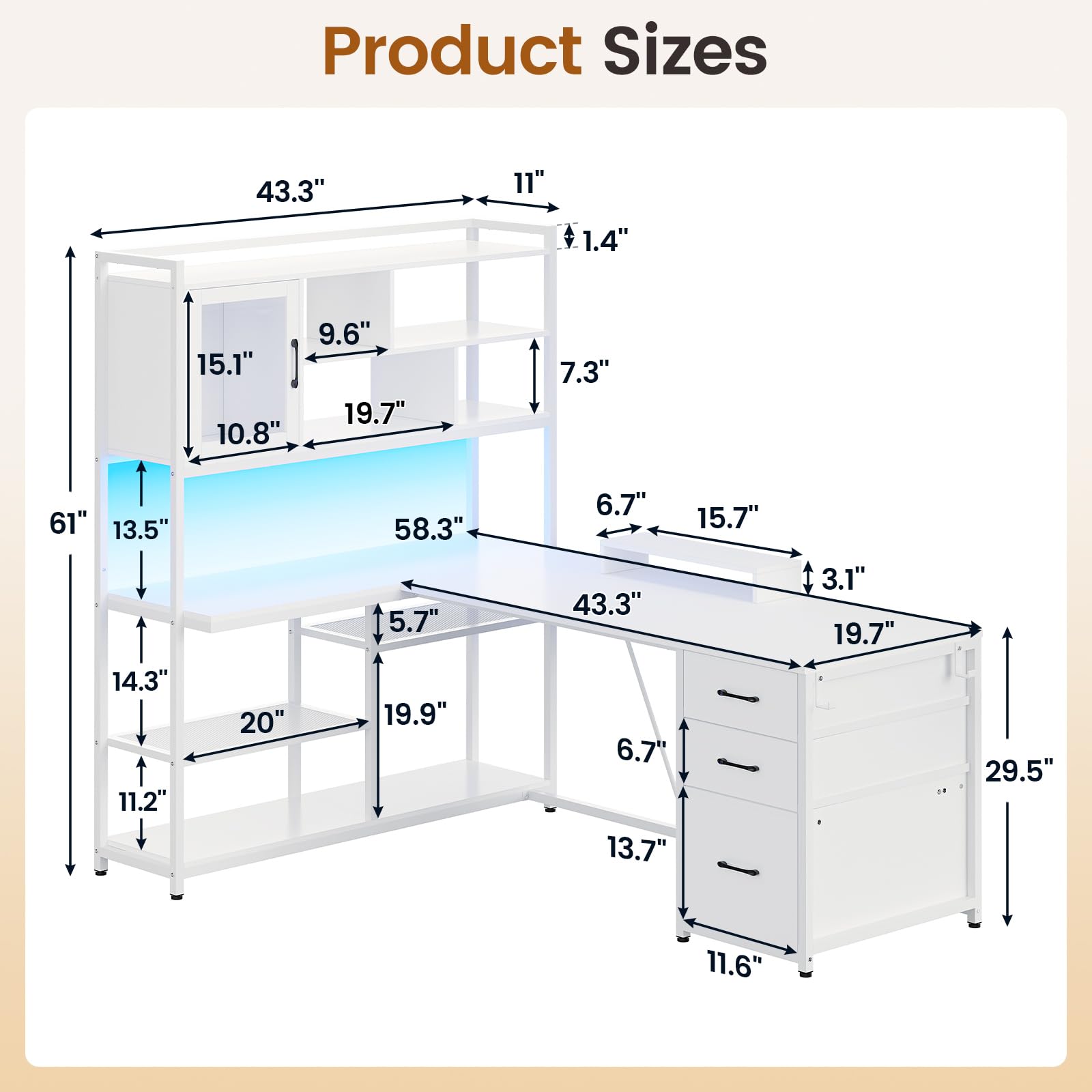 SEDETA 58'' L Shaped Computer Desk with 3 Drawers, Bookshelf, and LED Light for Home Office and Gaming - WoodArtSupply