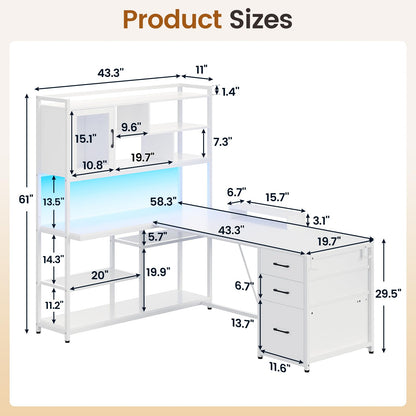 SEDETA 58'' L Shaped Computer Desk with 3 Drawers, Bookshelf, and LED Light for Home Office and Gaming - WoodArtSupply