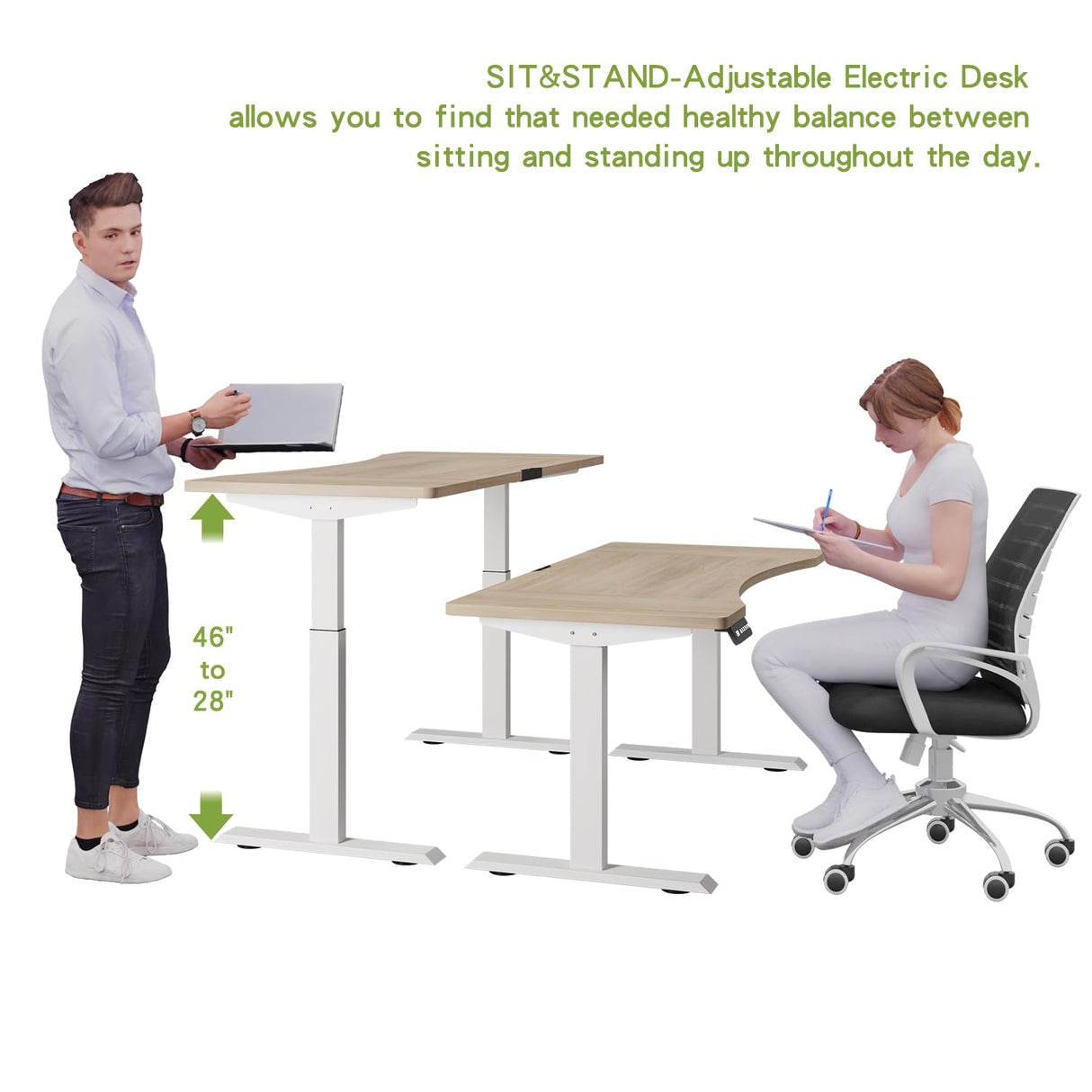 Radlove Dual Motors Height Adjustable 63 x 30'' Electric Standing Desk with Curved Design Stand Up Table 4 Memory Keys, Computer Desk with Splice Board Home Office Desk, Oak Top + White Frame Radlove