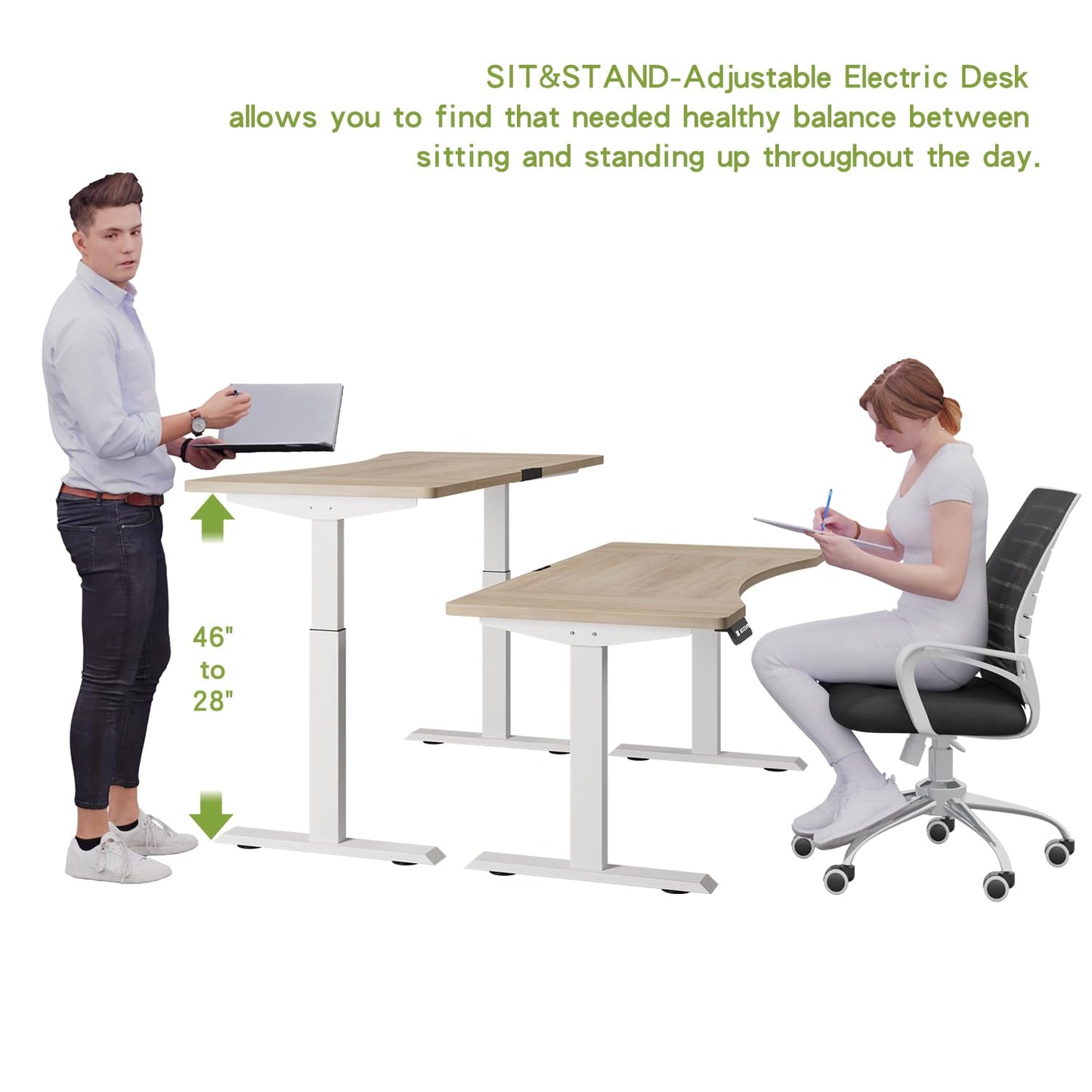 Radlove Dual Motors Height Adjustable 63 x 30'' Electric Standing Desk with Curved Design Stand Up Table 4 Memory Keys, Computer Desk with Splice Board Home Office Desk, Oak Top + White Frame