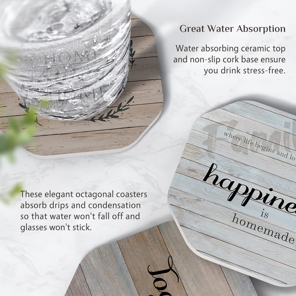 UMIRRO Rustic Farmhouse Coasters for Coffee Table Decor, Ceramic Coaster Set with Holder for Wooden Table, Cute Cup Coasters for Drinks Absorbent, Housewarming Gifts for New House/Home, 4", 6 Pack Umirro