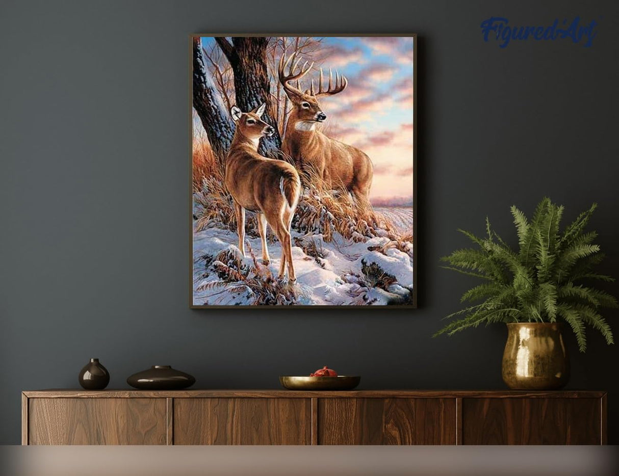 Figured'Art Paint by Numbers Kit for Adults Deers During Winter 16"x20" - Craft Art Painting Rolled Canvas with DIY Wooden Frame Figured'Art