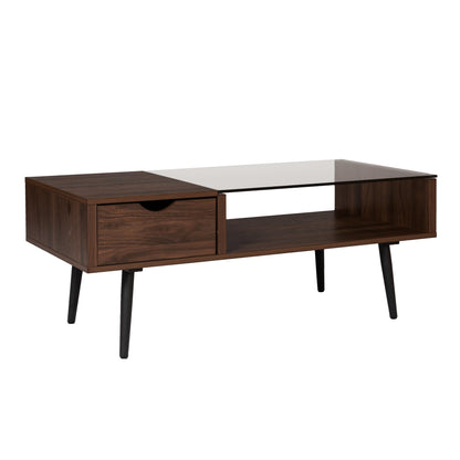 Walker Edison Montclair Mid Century Modern Two Toned 1 Drawer Coffee Table, 42 Inch, Glass and Dark Walnut - WoodArtSupply