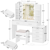 FIONESO Vanity Desk with Mirror & Lights, Makeup Vanity with 6 Drawers, 6 Open Shelves and Power Outlet, 48” Storage Makeup Vanity Desk with Stool Bench for Women, Girls, Bedroom, White FIONESO