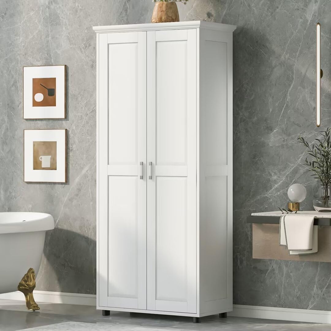 72" Tall Bathroom Storage Cabinet with 2 Doors for Bathroom, Freestanding Floor Cabinet with Adjustable Shelves, Large Wood Linen Cabinet for Bathroom, Kitchen,Office,Living Room Storage (White)