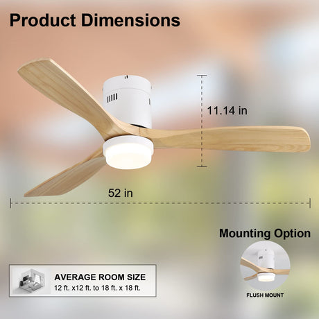 Sofucor 52 Inch Low Profile Ceiling Fan With Light 3 Carved Wood Fan Blade Modern Flush Mount Ceiling Fan Noiseless Reversible DC Motor Remote Control for Indoor/Outdoor Use (Natural Wood Color) Sofucor
