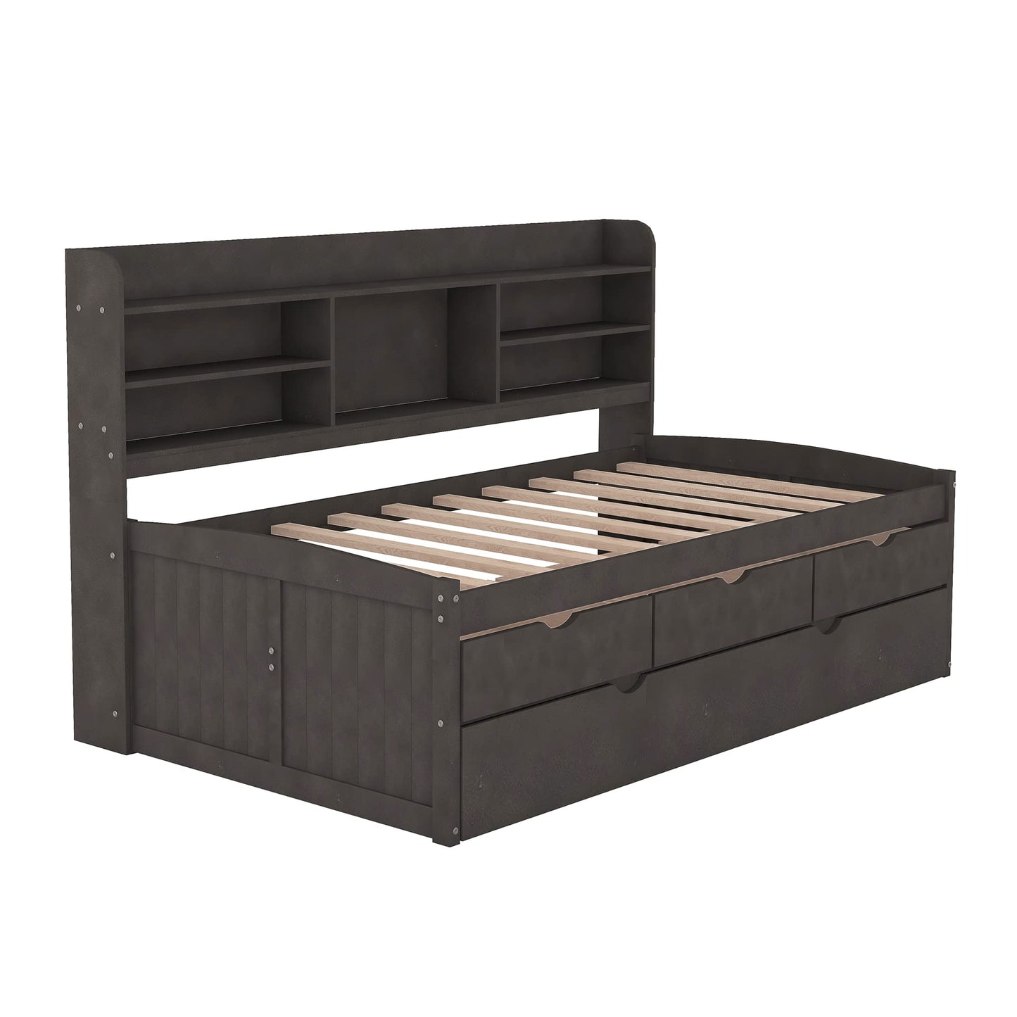 Harper & Bright Designs Twin Size Captain's Daybed with Trundle, Drawers & Bookcase in Antique Gray - WoodArtSupply