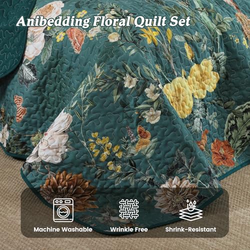 Anibedding Floral Quilt Set Queen Size, 3Pieces Green Microfiber Lightweight Besspread for Bedroom Living Room All Season Use Anibedding