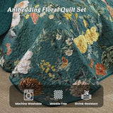 Anibedding Floral Quilt Set Queen Size, 3Pieces Green Microfiber Lightweight Besspread for Bedroom Living Room All Season Use Anibedding