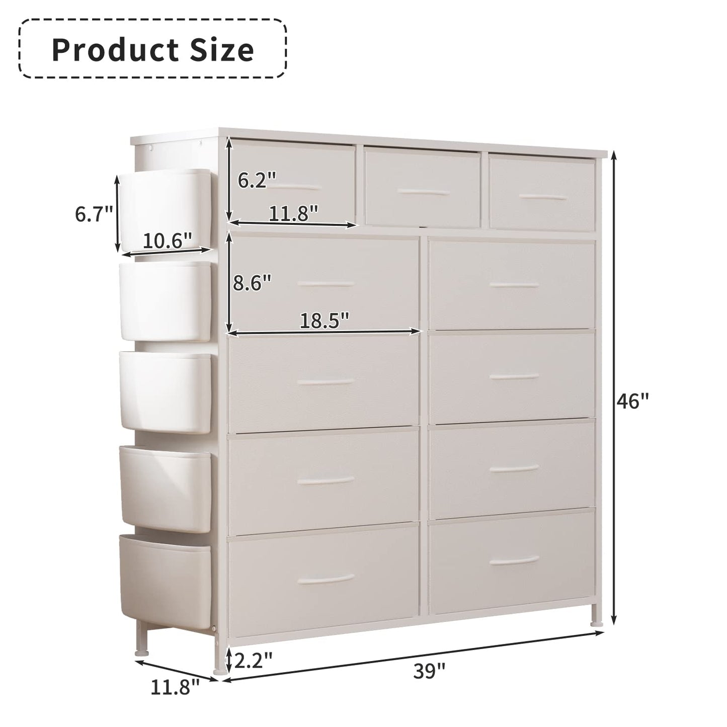 LIVEHOM Dresser for Bedroom with 11 Drawer, Dressers & Chests of Drawers with Side Pockets, Hooks, Fabric Storage Drawer, Steel Frame, Wood Top, Organizer Unit and Pull Handle for Closet. - WoodArtSupply