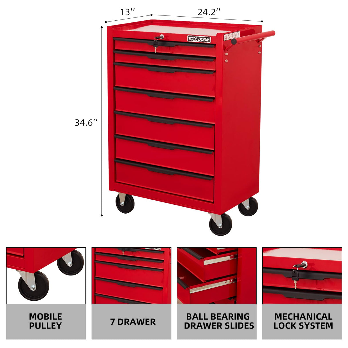 7-Drawer Rolling Tool Chest Cabinet, Large Capacity Metal Tool Box with Wheels and Keyed Locking, Roll Around Storage Organizer Tool Cart for Garage, Warehouse, Work Shop - Red TOOL DORM