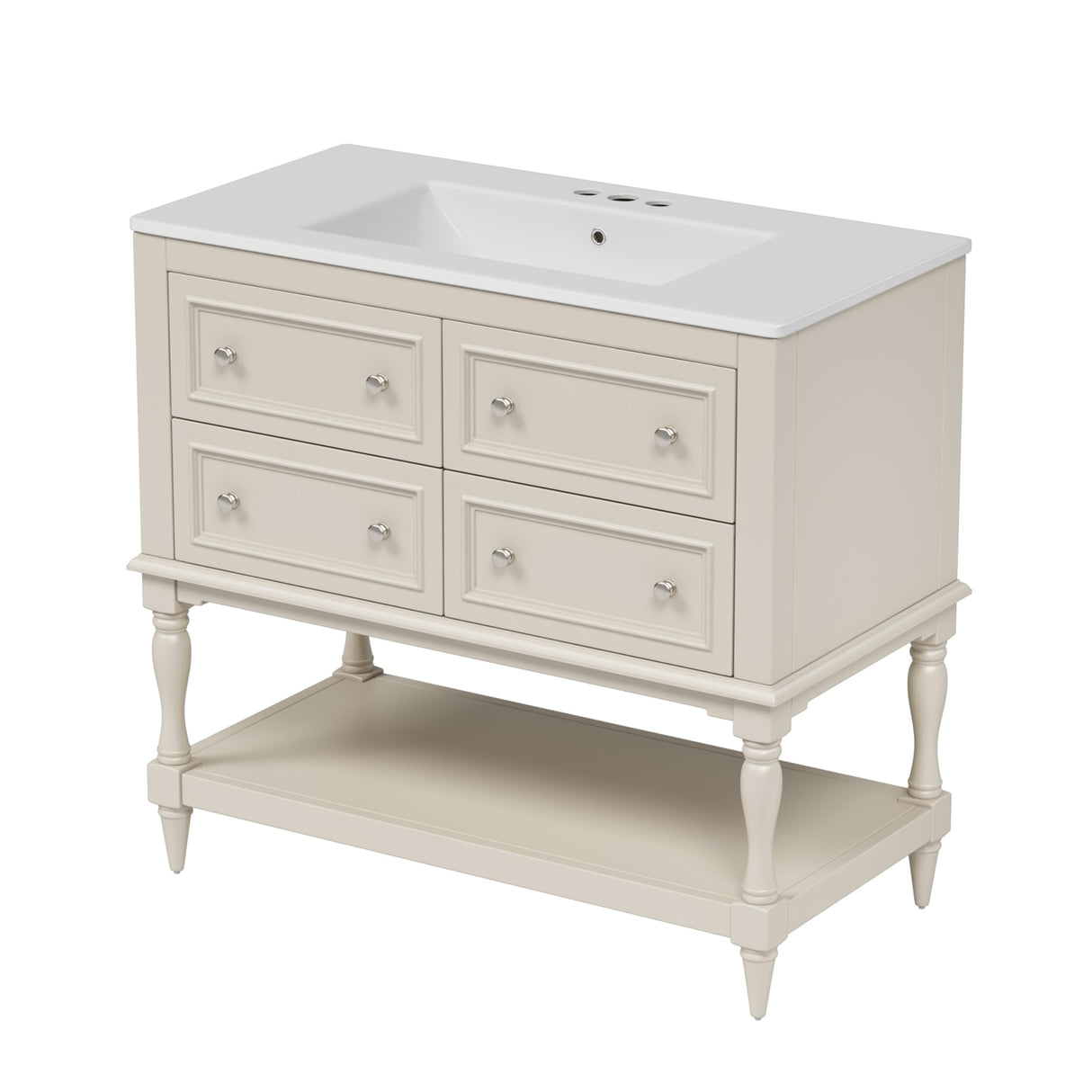Merax Country 36" Bathroom Vanity with Sink, Farmhouse Bathroom Vanity Storage Cabinet with 4 Drawers and Open Shelf, Solid Wood Frame Bath Storage Vanity Merax