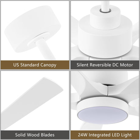 ELEHINSER 52" Modern Ceiling Fan with Light and Remote Control, 5 Solid Wood Blades 6-Speed Noiseless Reversible DC Motor, Ceiling Fan for Bedroom Dinning Living Room, White ELEHINSER