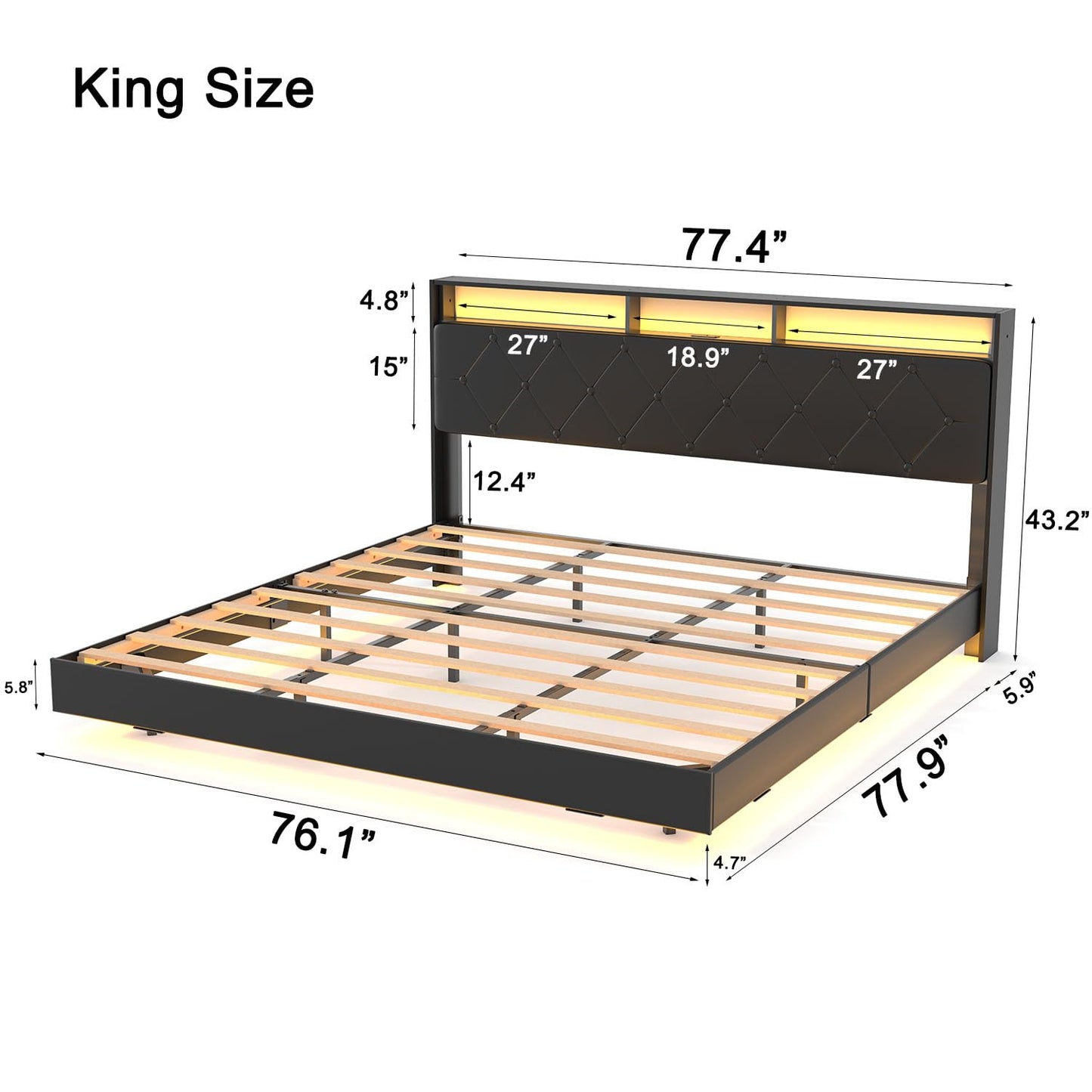 SAVOLIFE King Size LED Floating Bed Frame with Storage Headboard and Charging Station, Black - WoodArtSupply