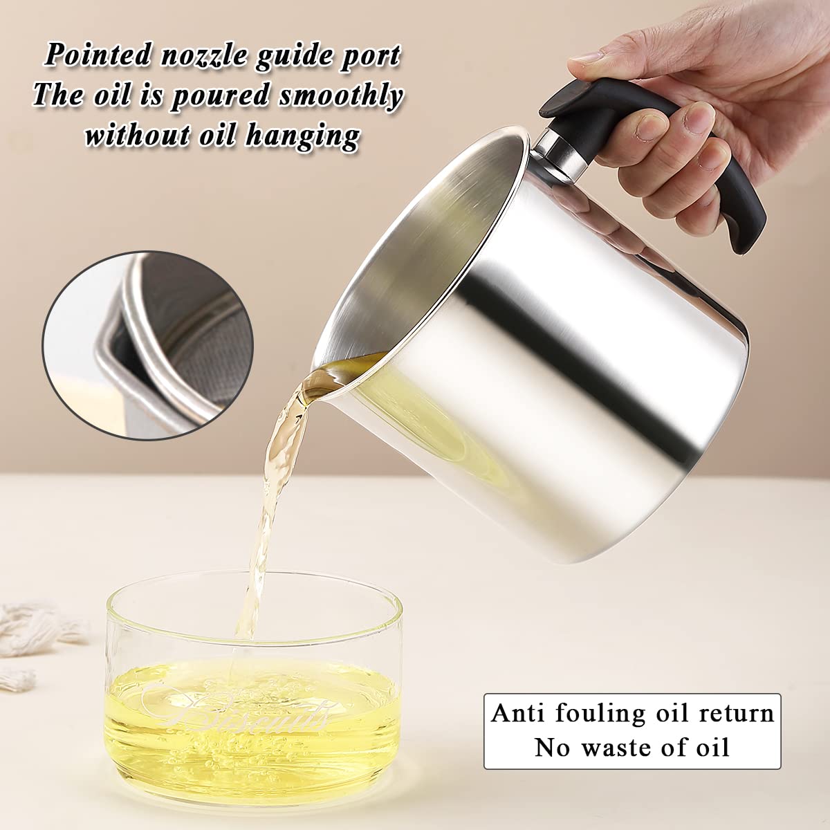 Kyraton Bacon Grease Container With Strainer, 48 oz Stainless Steel Oil Container, Pot Fat Storage With Lid, Easy Grip Handle Suitable For Storing Frying Oil And Cooking Grease 1. Silver Kyraton