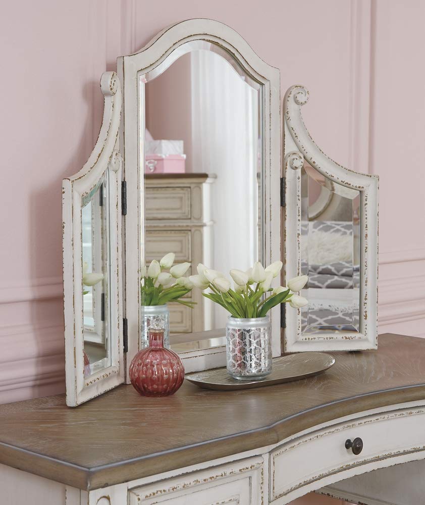 Signature Design by Ashley Realyn Traditional Cottage 3 Drawer Vanity Set with Dovetail Construction, Mirror & Stool Included, Chipped White, Distressed Brown Signature Design by Ashley