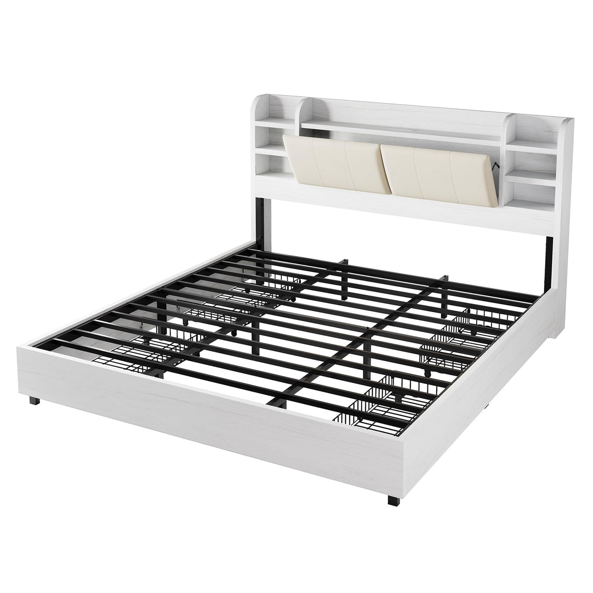 AMERLIFE King Size Storage Bed Frame with 4 Drawers, Padded Upholstered Bed with 47.2" Bookcase Headboard, Wooden Platform Bed with Charging Station/No Box Spring Needed/Rustic White AMERLIFE