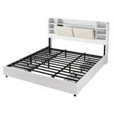 AMERLIFE King Size Storage Bed Frame with 4 Drawers, Padded Upholstered Bed with 47.2" Bookcase Headboard, Wooden Platform Bed with Charging Station/No Box Spring Needed/Rustic White AMERLIFE